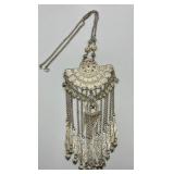 Tribal Tassel Pendant Necklace with Ornate Silver Tone Design