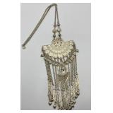 Tribal Tassel Pendant Necklace with Ornate Silver Tone Design