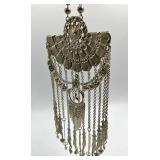 Tribal Tassel Pendant Necklace with Ornate Silver Tone Design