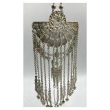 Tribal Tassel Pendant Necklace with Ornate Silver Tone Design