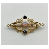 Vintage Gold Tone Brooch with Opal, Sapphires, Pearls and Rhinestones