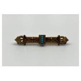Victorian Etruscan Revival Bar Brooch with Turquoise Accent