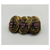 Mid Century Amethyst Link Bracelet with Ornate Gold Tone Panels