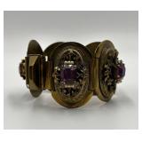 Mid Century Amethyst Link Bracelet with Ornate Gold Tone Panels