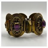Mid Century Amethyst Link Bracelet with Ornate Gold Tone Panels