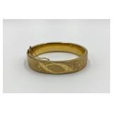 Gold Toned Hinged Bangle Bracelet with Floral Engraving