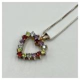925 Sterling Silver Multi Gemstone Heart Pendant Necklace