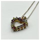 925 Sterling Silver Multi Gemstone Heart Pendant Necklace