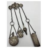 Victorian Chatelaine with Four Silver Bottles and Coin Motif