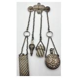 Victorian Chatelaine with Four Silver Bottles and Coin Motif