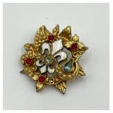 Vintage Fleur-de-Lis Brooch with Faux Pearls and Gem Accents