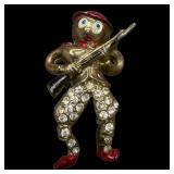 Vintage Gold-Tone Military Guy with Rifle Rhinestones Brooch Pin