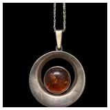 Amber Cabochon Pendant Necklace - Sterling Silver 925 Halo Ring Design