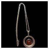 Amber Cabochon Pendant Necklace - Sterling Silver 925 Halo Ring Design