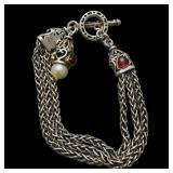 925 Sterling Silver Bracelet - Filigree Multi-Chain, 7.5 in, Red Gem Accents