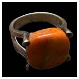 925 Sterling Silver Ring with Orange Cabochon Stone