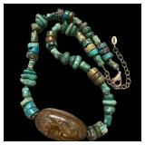 18-Inch Turquoise Bead Necklace with Brown Stone Pendant - Adjustable Chain