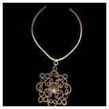 Gold-Tone Filigree Pendant Necklace with Copper Cabochon Center