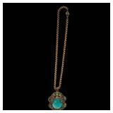 Turquoise Cabochon Pendant Necklace - 16-inch Gold-Tone Chain