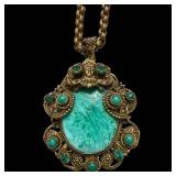 Turquoise Cabochon Pendant Necklace - 16-inch Gold-Tone Chain