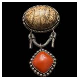 925 Indonesia Sterling Silver Pendant - Two-Stone Oval Brown-veined Stone & Red Coral
