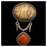 925 Indonesia Sterling Silver Pendant - Two-Stone Oval Brown-veined Stone & Red Coral