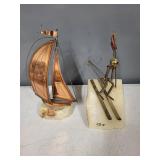 Pair of Signed Mid-Century Metal Sculptures Sailboat and Skier on Stone Base