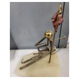 Pair of Signed Mid-Century Metal Sculptures Sailboat and Skier on Stone Base