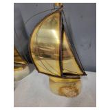 Signed DeMott Brass Sailboat and Fishing Boat Sculptures on Stone Bases