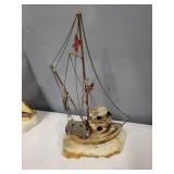 Signed DeMott Brass Sailboat and Fishing Boat Sculptures on Stone Bases