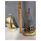 Signed DeMott Brass Sailboat and Fishing Boat Sculptures on Stone Bases