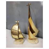 Signed DeMott Brass Sailboat Sculptures on Stone Bases, Set of 2