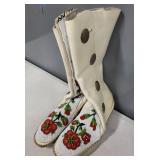 Pair of White Leather Beaded Moccasin Boots with Floral Design