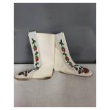 Pair of White Leather Beaded Moccasin Boots with Floral Design