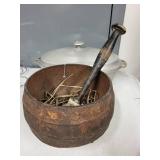 Vintage Wagner Ware Aluminum Roaster and Cast Iron Cauldron with Wooden Masher