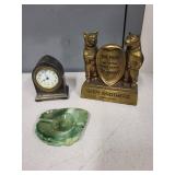 Lot of 3 Vintage Items: New Haven Desk Clock, Baer Brothers Two Bears Brass Advertising Figure, Green Stone Ashtray