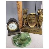 Lot of 3 Vintage Items: New Haven Desk Clock, Baer Brothers Two Bears Brass Advertising Figure, Green Stone Ashtray