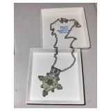 Vintage Moroccan Silver-Tone Pendant Necklace with Mosaic Inlay