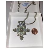 Vintage Moroccan Silver-Tone Pendant Necklace with Mosaic Inlay