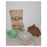 Vintage Kitchenware Collection with Texas Ware Bowl, Fire-King Cup, Glass Jar, and Feed Mill Sack