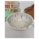 Vintage Kitchenware Collection with Texas Ware Bowl, Fire-King Cup, Glass Jar, and Feed Mill Sack