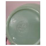 Vintage Kitchenware Collection with Texas Ware Bowl, Fire-King Cup, Glass Jar, and Feed Mill Sack