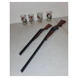Pair of G.M. Schmidt Decorative Toy Shotguns and 4 Pheasant Drinking Glasses