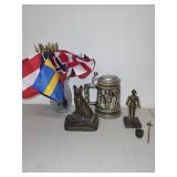 Vintage German Beer Stein, Brass Knight Figure, Dog Bookend, and Miniature Flag Set