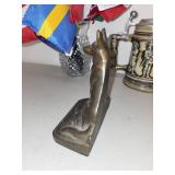 Vintage German Beer Stein, Brass Knight Figure, Dog Bookend, and Miniature Flag Set