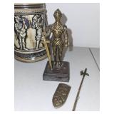 Vintage German Beer Stein, Brass Knight Figure, Dog Bookend, and Miniature Flag Set