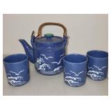 Blue Ceramic Teapot and 3 Cup Set with Wave and Seagull Design