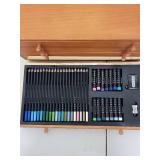 Wooden Art Supply Chest with Assorted Drawing Tools and Pastels