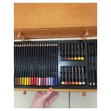Wooden Art Supply Chest with Assorted Drawing Tools and Pastels
