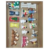 Collection of Christmas Village Figurines, Vehicles, and Decorations